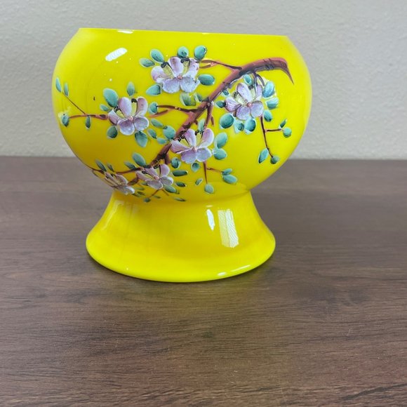 Czechoslovakia Glass Round Yellow Floral Vase Planter Vintage - Picture 1 of 6